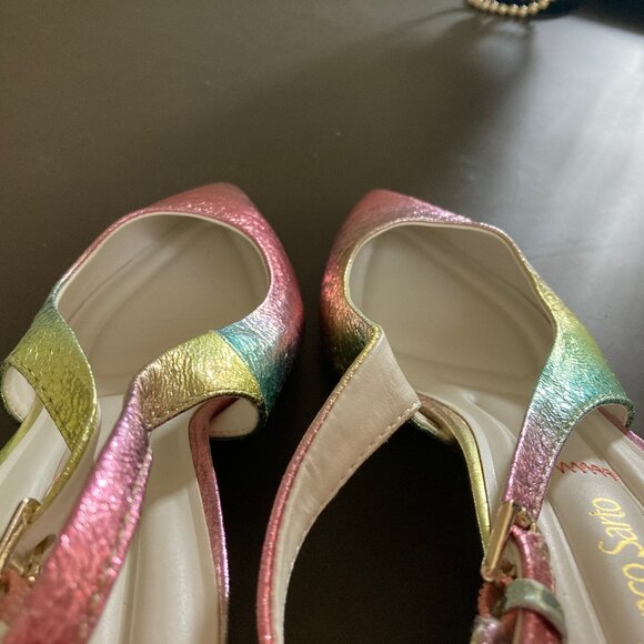 Franco Sarto Racer Slingback Block Heel Sz 7.5M Metallic Pink Blue Green Rainbow - Picture 10 of 16